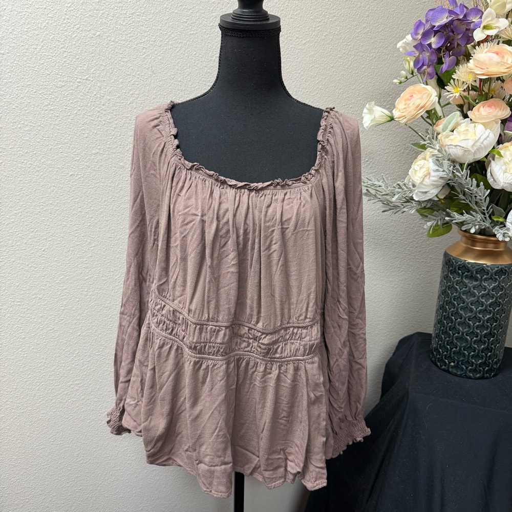 Torrid Mauve Peasant Blouse Long Sleeve Smocked Boho Plus Size 2 (2X)